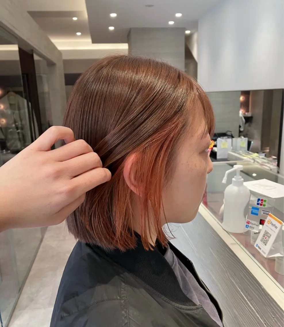 ショート カラー インナーカラー オレンジ ヘアカラー ナカイフウタ/パーマ /透明感カラーのヘアスタイル