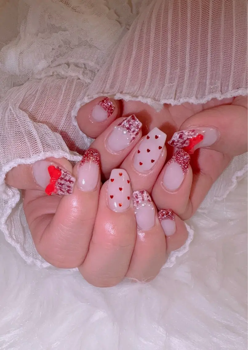ネイル 赤色 ツイードネイル ハンドネイル Nail Salon macherieのネイルデザイン