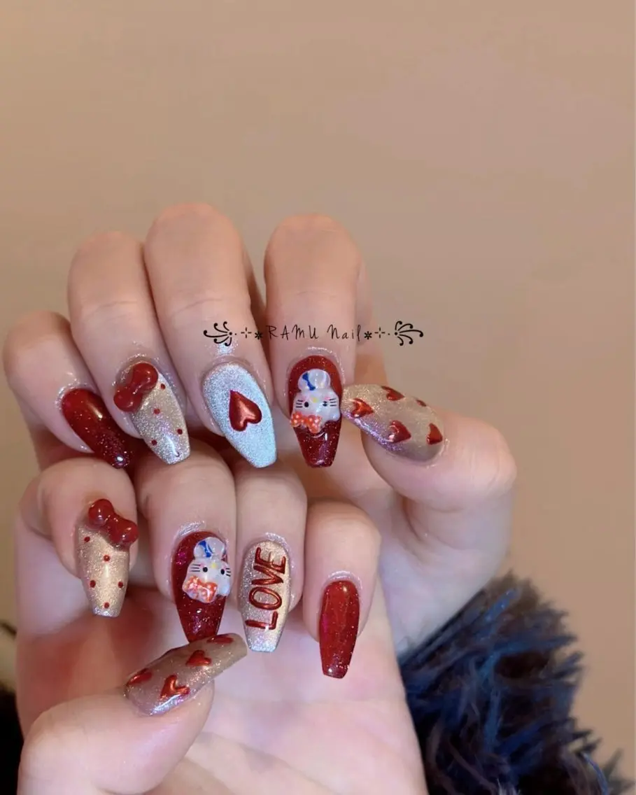 ネイル キラキラネイル 韓国ネイル バレンタイン ワンホンネイル ハンドネイル RAMU Nail 恵比寿店のネイルデザイン