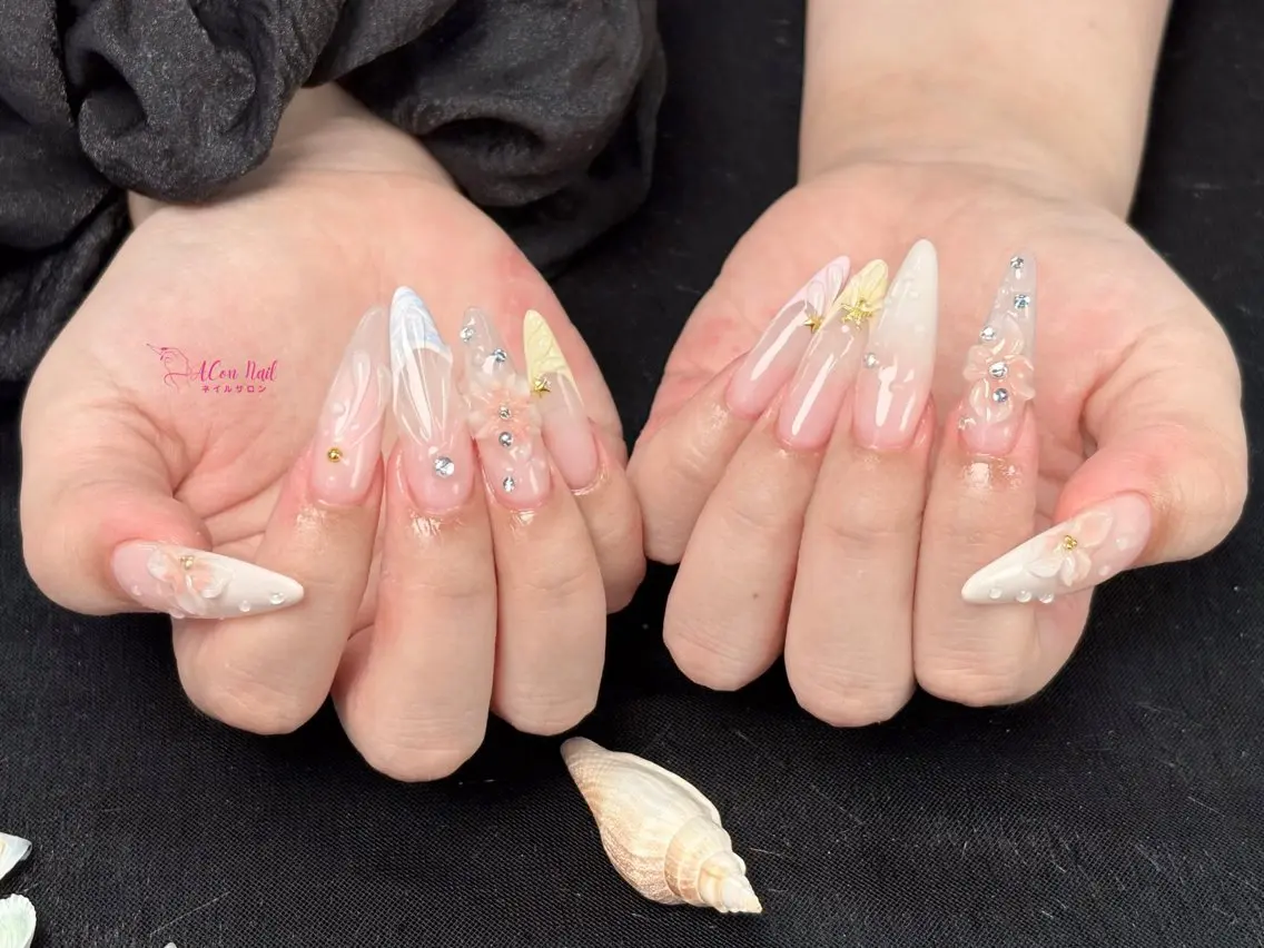 ネイル 桜ネイル 長さ出し フラワーネイル フレンチネイル ジェルネイル ハンドネイル ACon NailSalonのネイルデザイン
