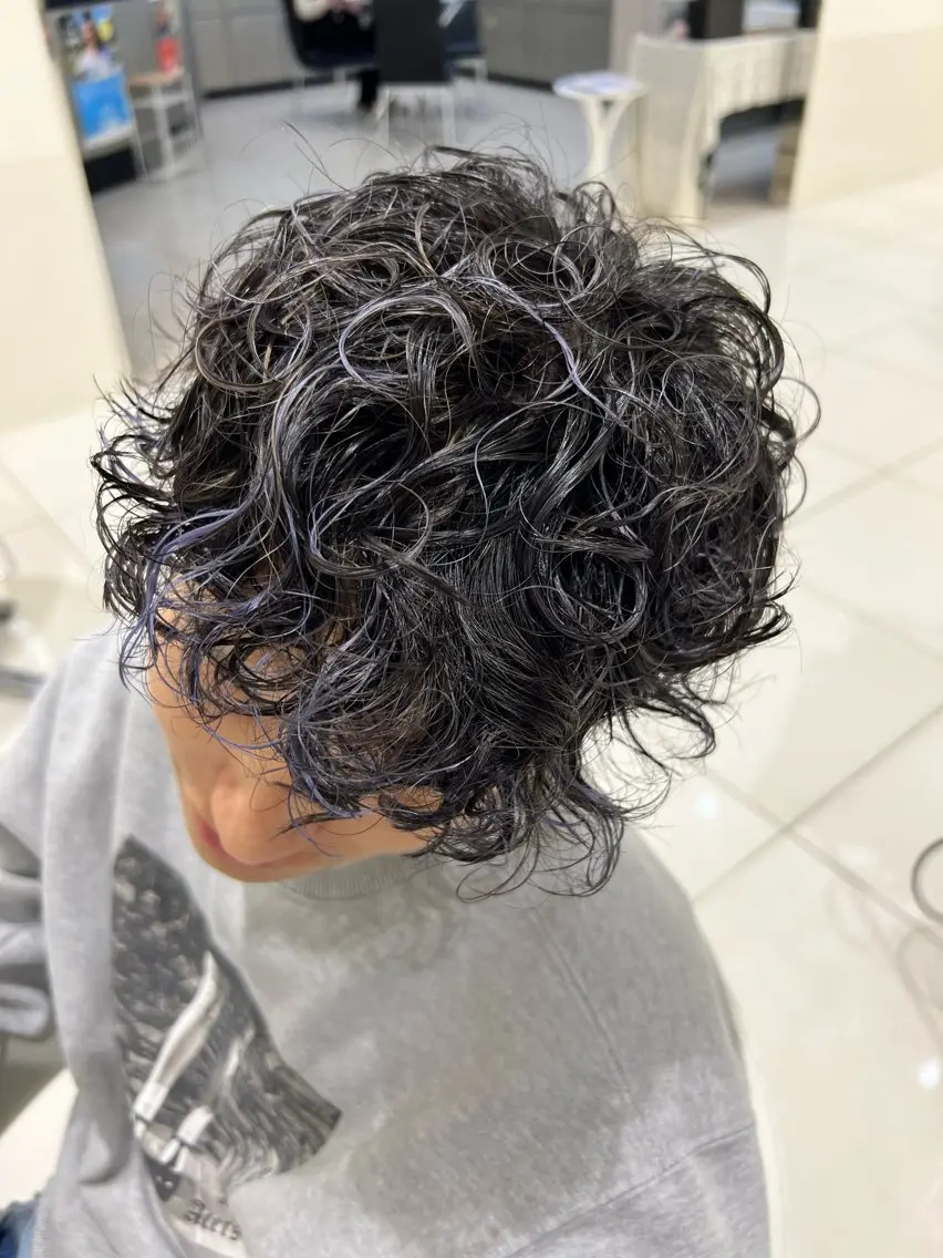 ショート パーマ メンズ メンズメッシュ メンズパーマ プードルパーマ パープルカラー プードルパーマ Oops旧TABOO 早野太郎のヘアスタイル