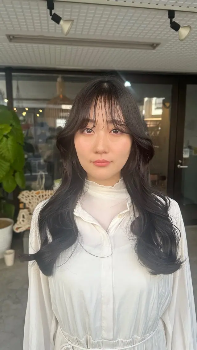 ロング カラー グレージュ ボブ くびれヘア 顔まわりレイヤー 顔周りカット カット ヘアカラー トリートメント 韓国レイヤー柔らかい 地毛風縮毛矯正/マツのヘアスタイル