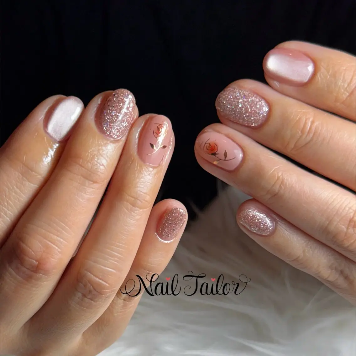 ネイル フラワーネイル キラキラネイル マグネットネイル オフィスネイル ピンク ハンドネイル NailTailor ネイルテイラーのネイルデザイン