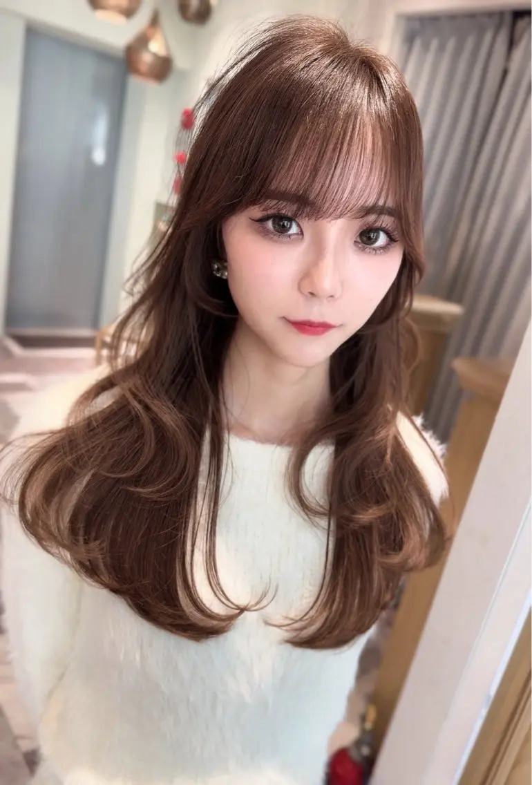 ロング カラー ベージュカラー 黒髪 ブリーチ ブルーカラー ブルーブラック カット ヘアカラー トリートメント 木屋元一/透明感 /前髪/レイヤーのヘアスタイル