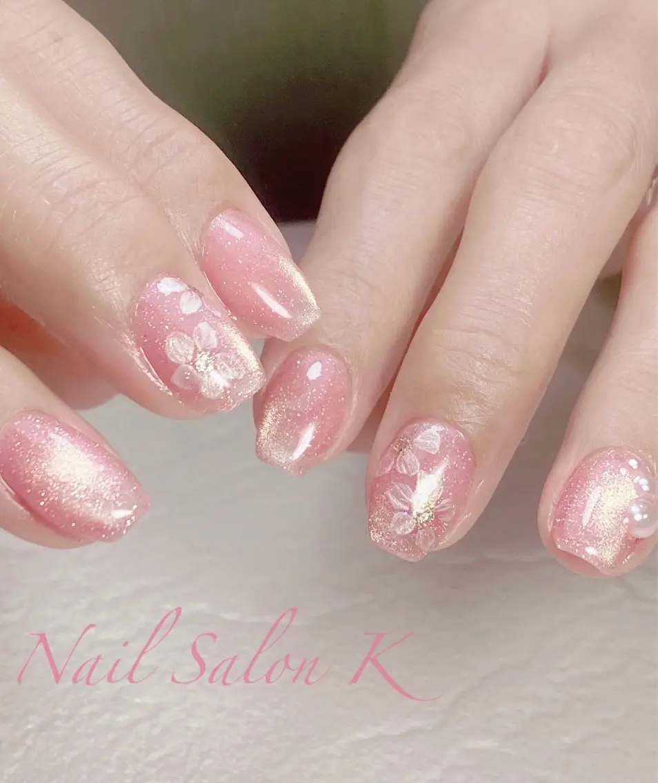 ネイル フラッシュネイル マグネットネイル ピンク 春ネイル ハンドネイル Nail Salon K 🧸美爪育成のネイルデザイン