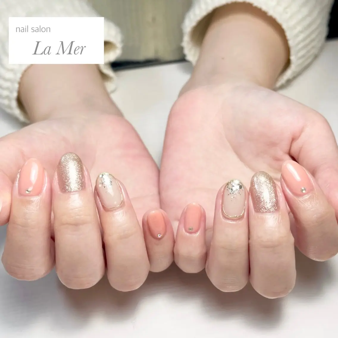 ネイル ゴールド ミラーネイル ニュアンスネイル オフィスネイル オレンジ nailsalon La Merのネイルデザイン