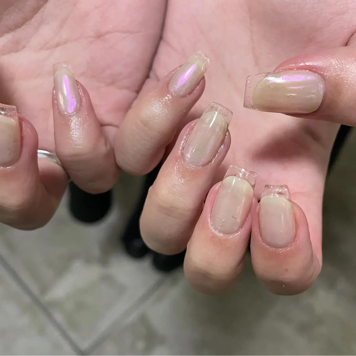 ネイル オーロラネイル カジュアル クリアネイル フレンチネイル ガーリー ハンドネイル ハンドケア lylynail YUUKAのネイルデザイン