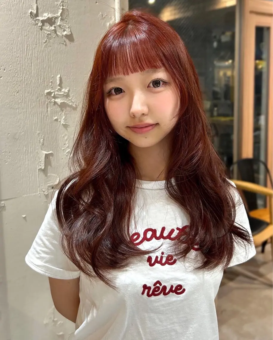 ロング カラー ブリーチ ブラウンカラー ブリーチなしカラー オレンジ オレンジブラウン ヘアカラー 美髪縮毛 COCOROのヘアスタイル