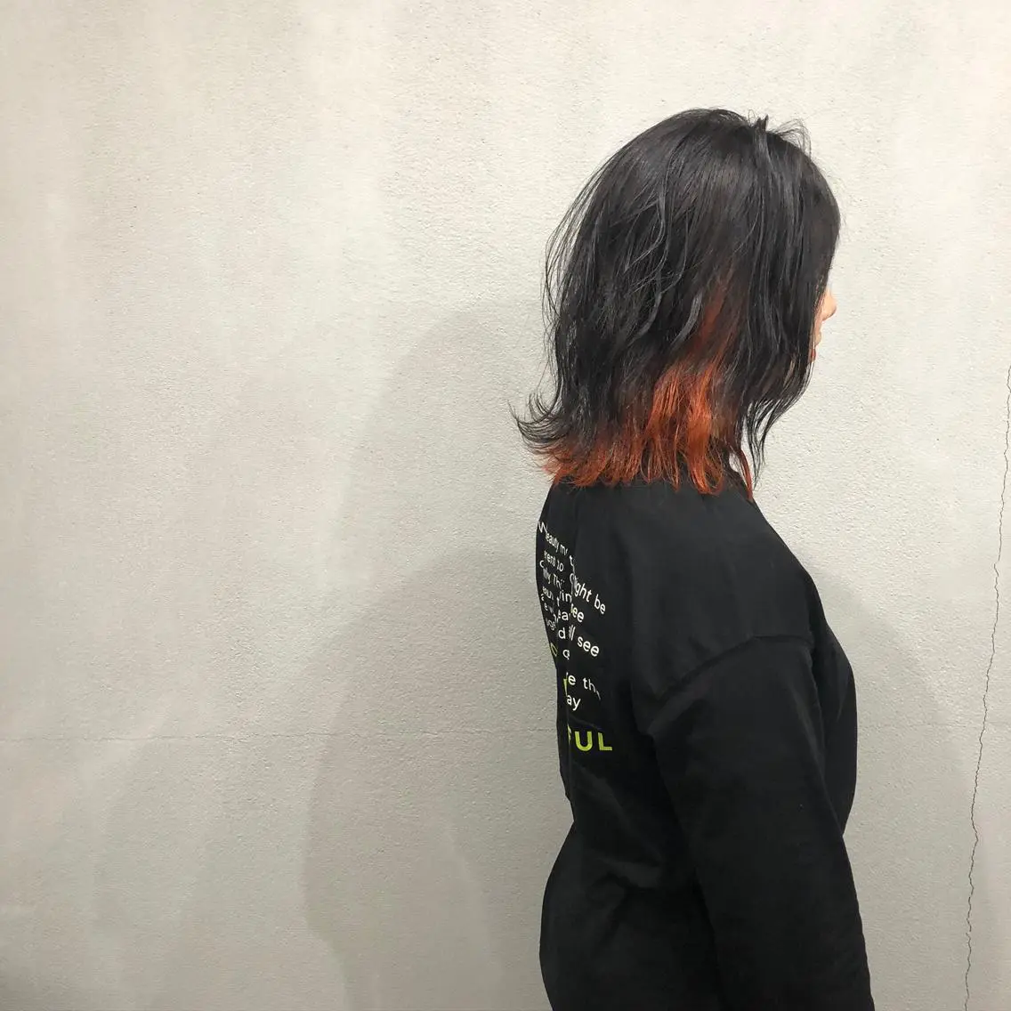 ミディアム カラー 切りっぱなしボブ インナーカラー オレンジ ボブ ショート/ボブ/ 白髪染め/メンズ葛西のヘアスタイル