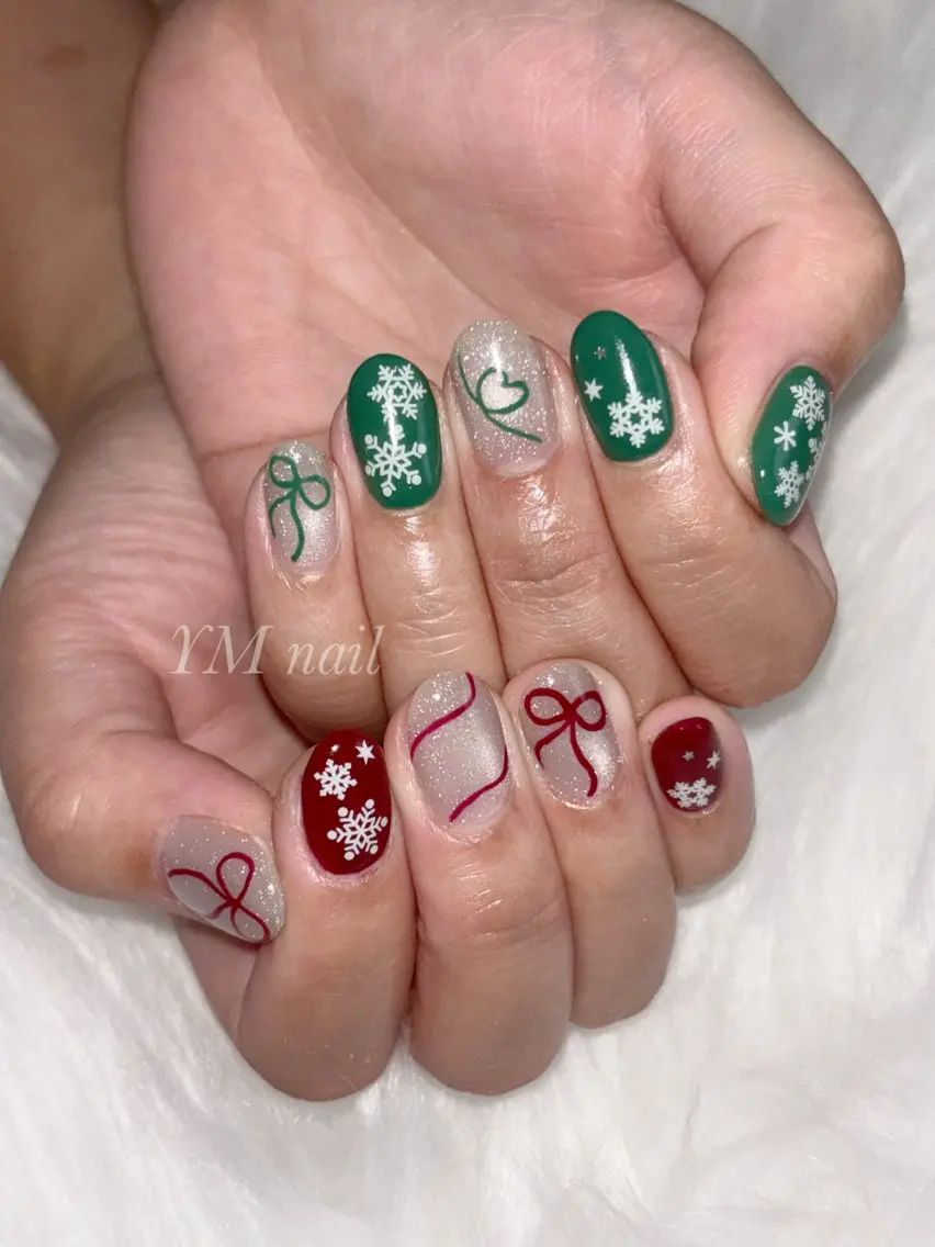 ネイル ボルドー フラッシュネイル ジェルネイル マグネットネイル リボン ハンドネイル YM nailのネイルデザイン