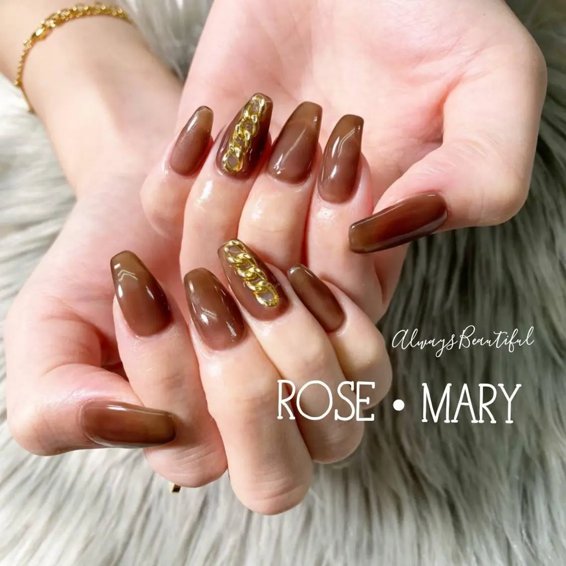 セミロング ネイル ブラウン クリアネイル ワンカラーネイル ハンドネイル ROSE・ MARY 鈴木のネイルデザイン