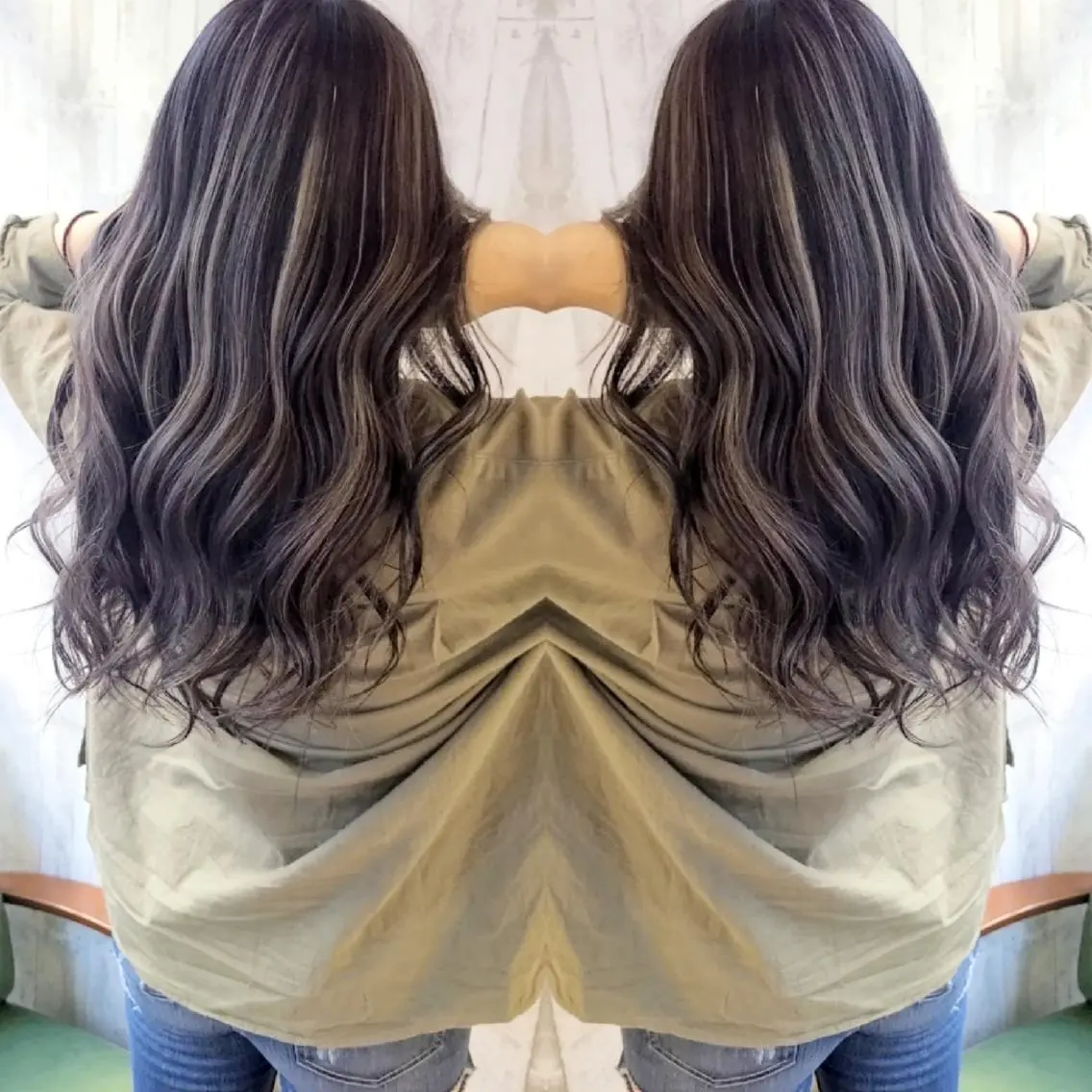 ロング カラー アッシュ アッシュグレー バレイヤージュ ベージュカラー ブリーチ カット ヘアカラー トリートメント バレイヤージュ/ ハイライト/大内格のヘアスタイル