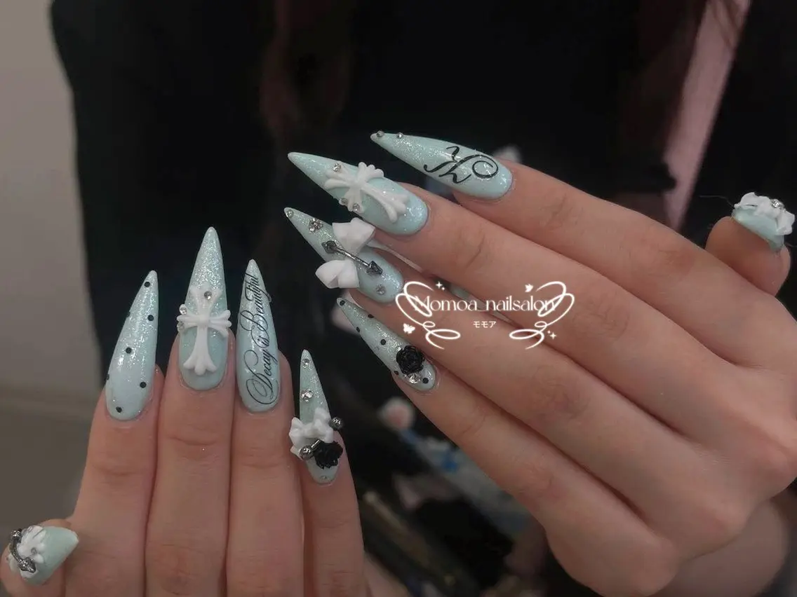 ネイル 成人式 マグネットネイル 大理石ネイル(マーブル) リボン 夏ネイル ハンドネイル MoMoA Nail ネイル長さ出し専門店のネイルデザイン