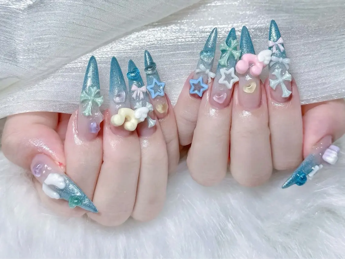 ネイル べっ甲ネイル ブルー フレンチネイル ジェルネイル ガーリー ハンドネイル Rin Nail 新大久保店のネイルデザイン