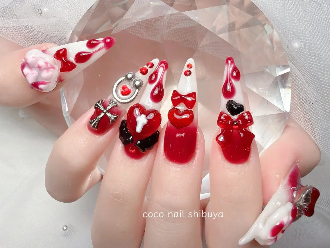 ネイル 成人式 大理石ネイル(マーブル) リボン 夏ネイル ネイルチップ ハンドネイル CoCo Nail 長さ出し専門店のネイルデザイン