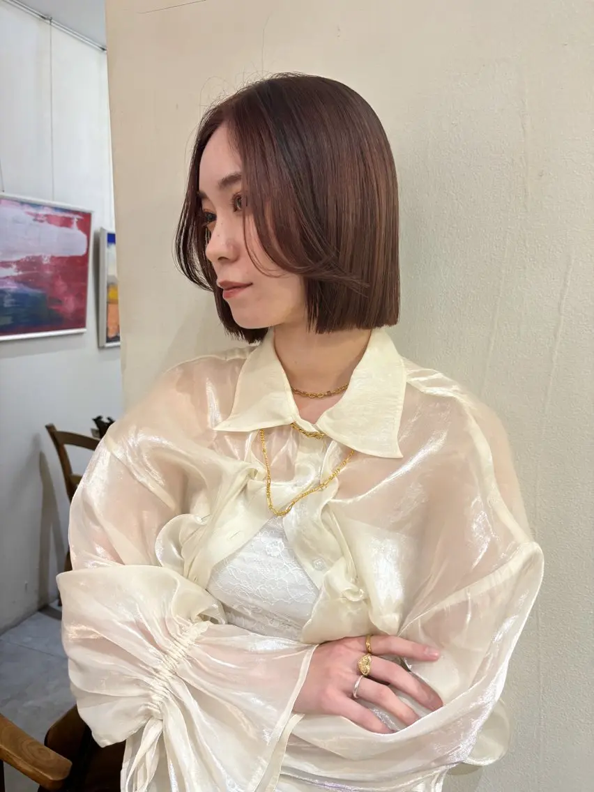ショート カラー 黒髪 ブラウンカラー ピンクカラー ピンクブラウン 結莉/ボブ/ 縮毛矯正のヘアスタイル