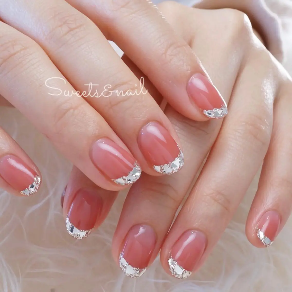 ネイル フレンチネイル ジェルネイル ガラスフレンチ キラキラネイル 韓国ネイル Sweets& nail みなこのネイルデザイン