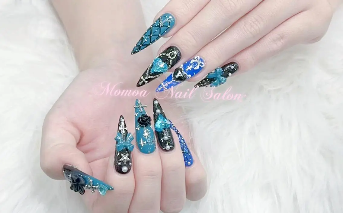 ネイル 成人式 大理石ネイル(マーブル) リボン 夏ネイル ネイルチップ ハンドネイル MoMoA Nail ネイル長さ出し専門店のネイルデザイン