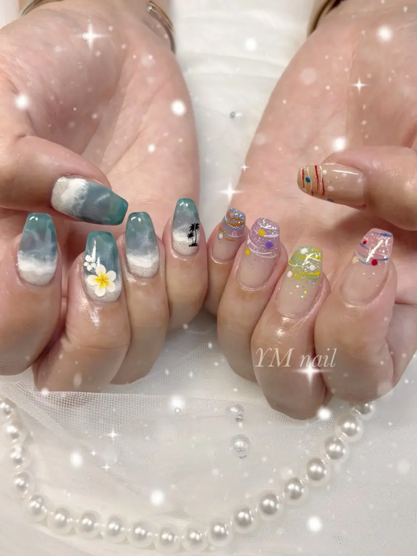 ネイル マグネットネイル 夏ネイル ヨーヨーネイル ハンドネイル YM nailのネイルデザイン