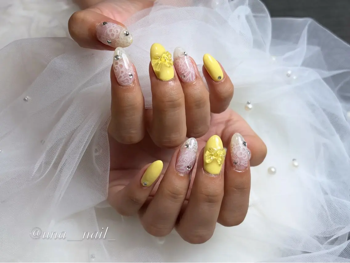 ネイル レース 黄色 ハンドネイル nail salon unaのネイルデザイン