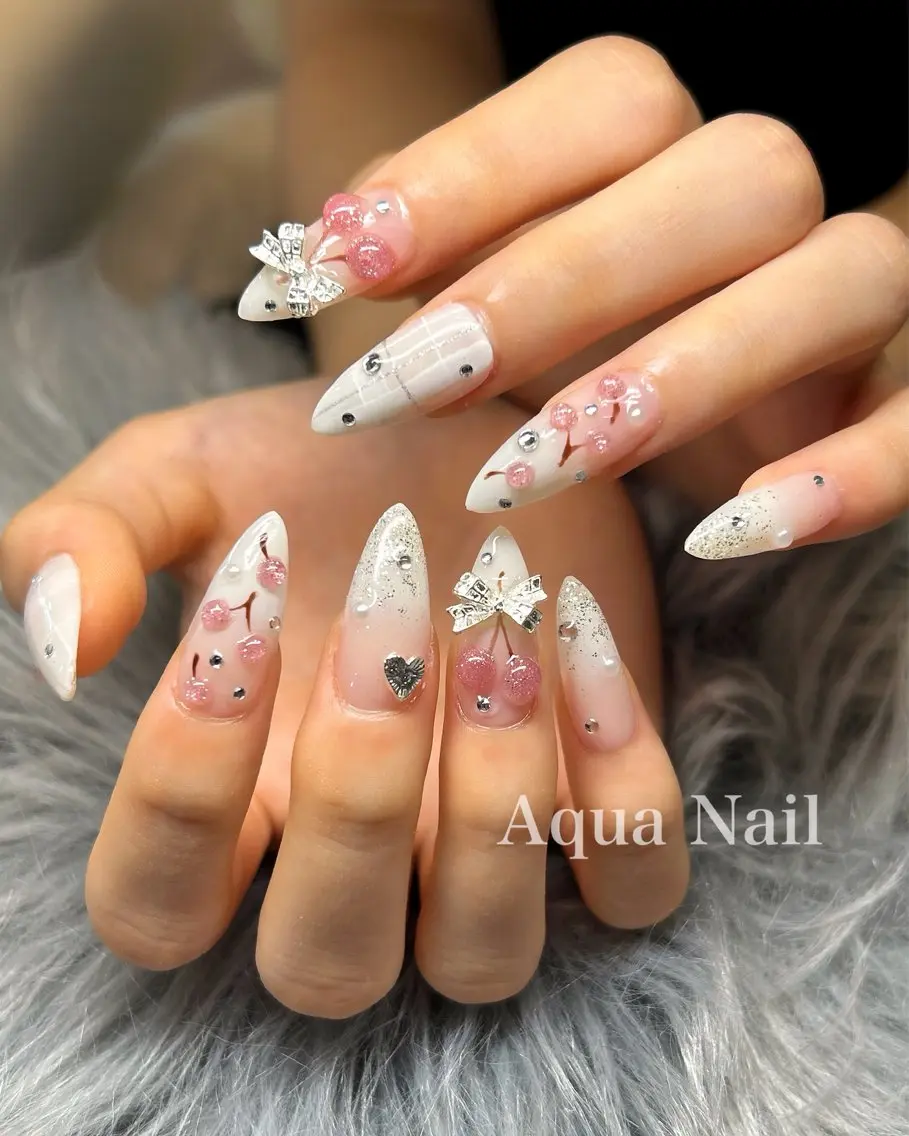 ネイル ロングネイル ピンク ホワイト ハンドネイル AQUA NAILのネイルデザイン