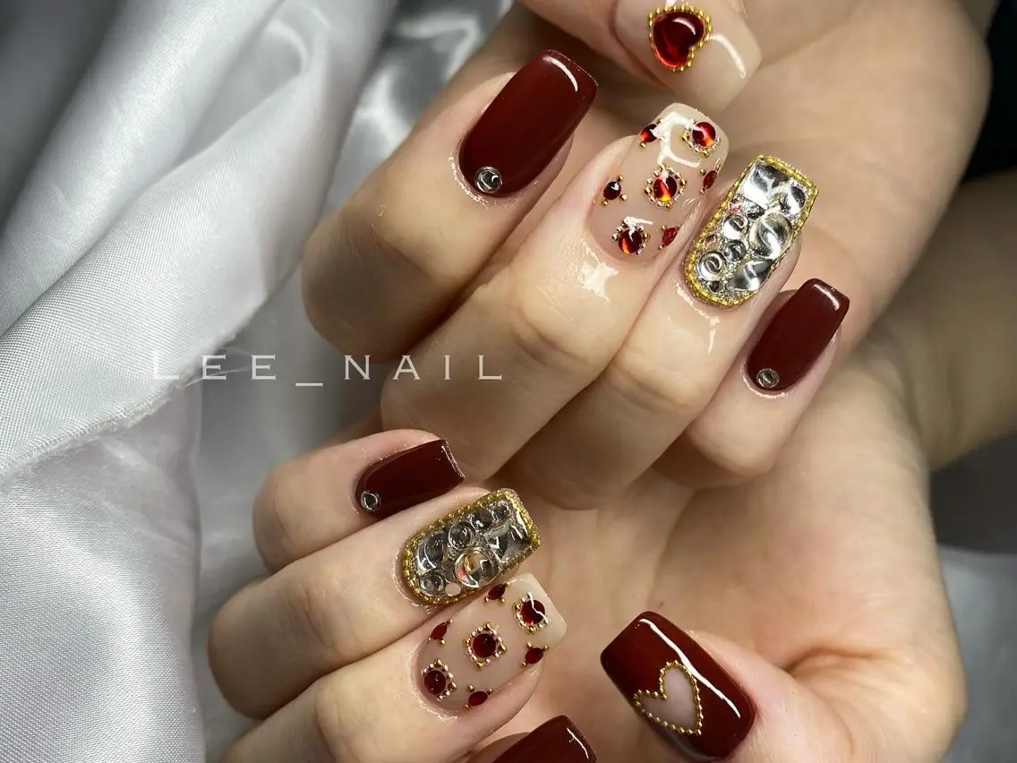 ネイル ボルドー ハート ハンドネイル Lee_ nailのネイルデザイン