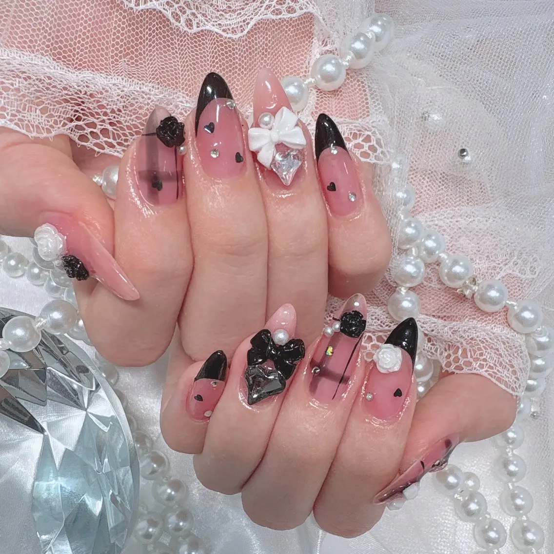 ネイル フレンチネイル ロングネイル ピンク リボン ネイルチップ ハンドネイル Marinnail Hibikiのネイルデザイン