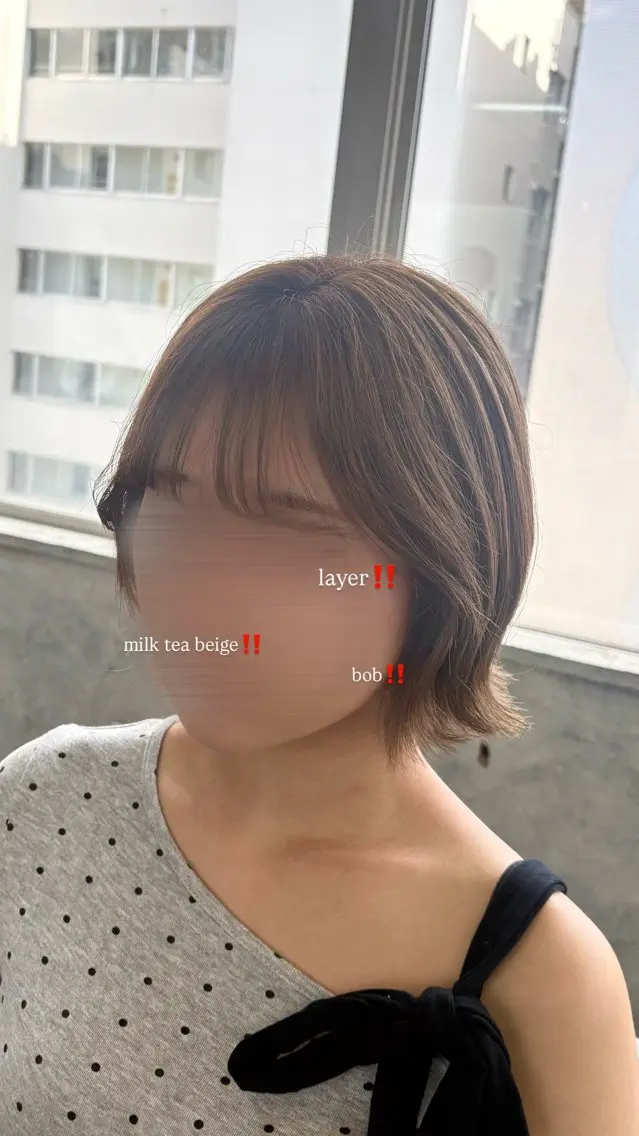 ミディアム 切りっぱなしボブ ボブ くびれヘア 顔周りカット レイヤーカット カット ヘアカラー シモイケ ルアのヘアスタイル