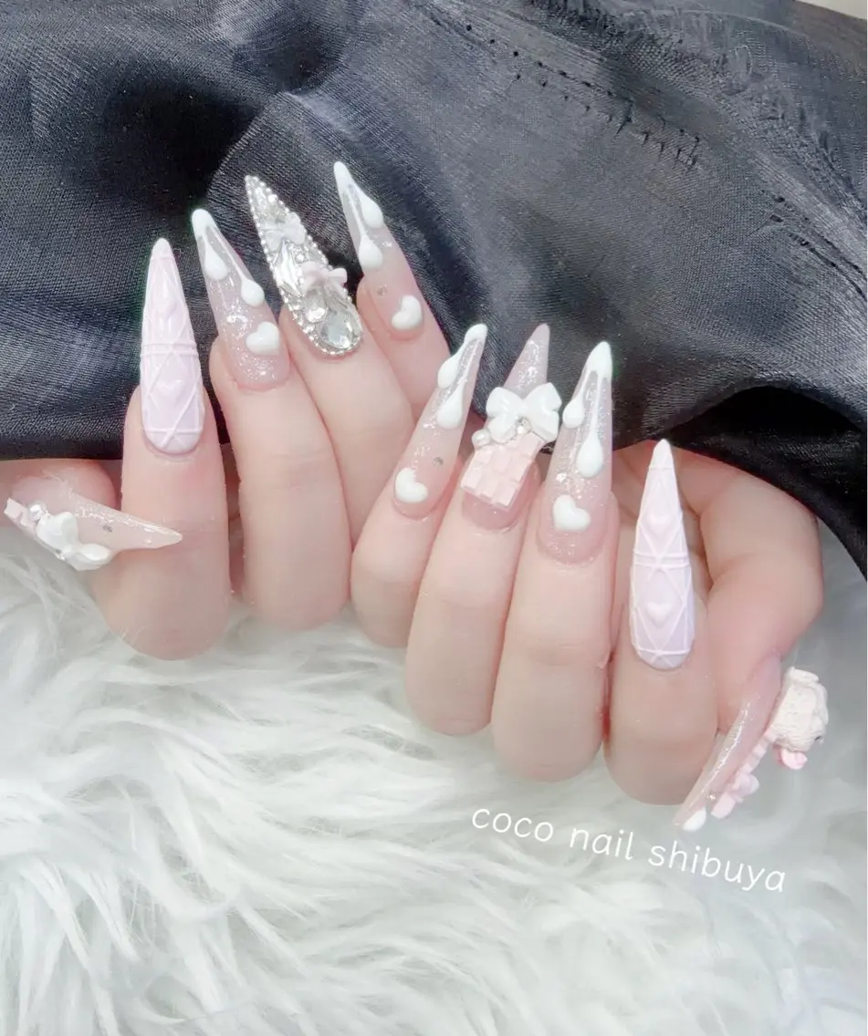 ネイル 成人式 大理石ネイル(マーブル) リボン 夏ネイル ネイルチップ ハンドネイル Mei Salon 長さ出し専門店のネイルデザイン