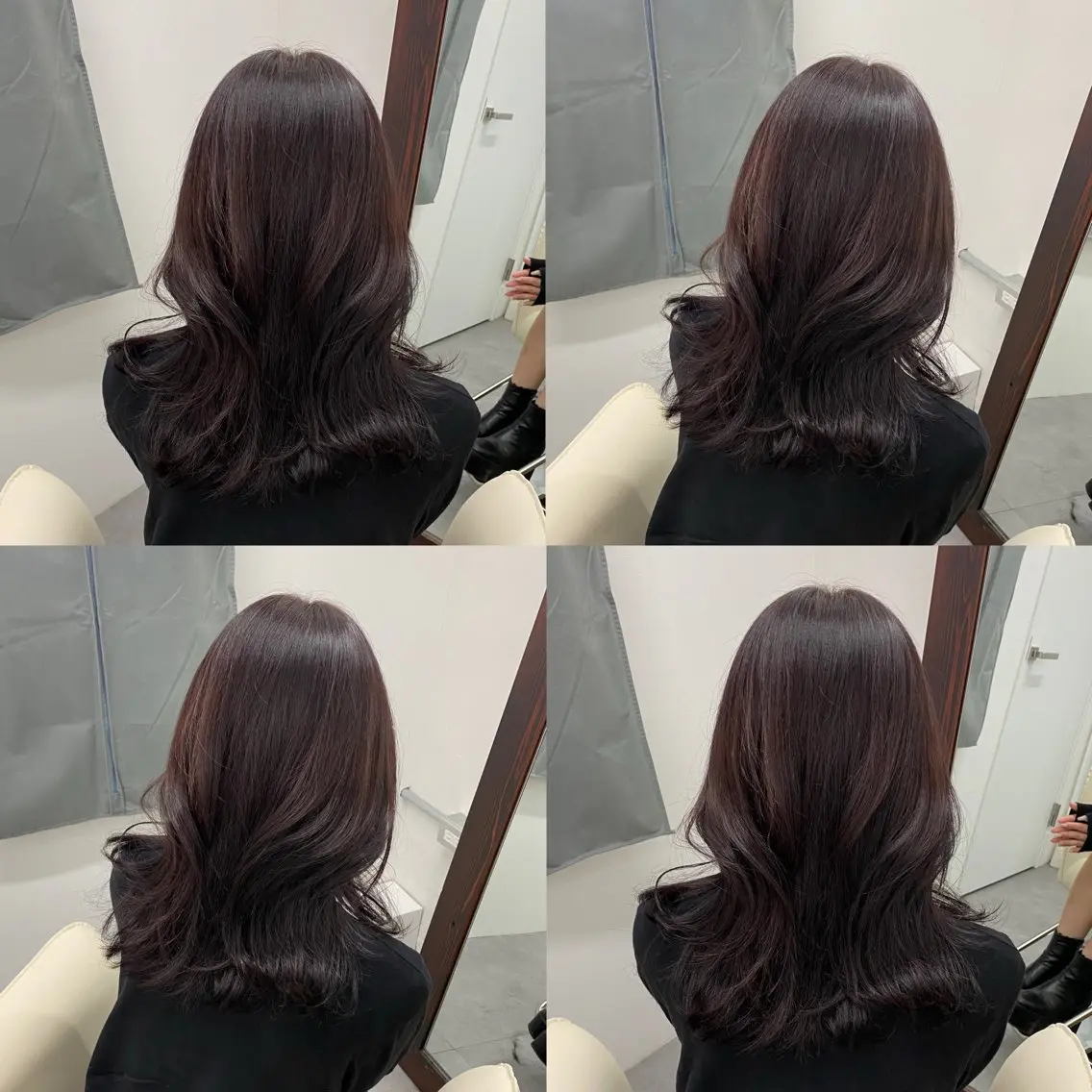 ミディアム カラー カシス レッドカラー くびれヘア 韓国風ヘア くびれレイヤー 江坂トレンド韓国風 髪質改善shinoのヘアスタイル