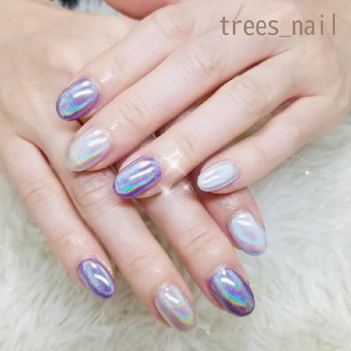 ネイル ジェルネイル ミラーネイル パラジェル パープル 夏ネイル ハンドネイル フットネイル trees_ nailのネイルデザイン