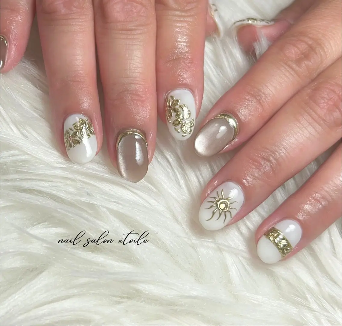 ネイル マグネットネイル 持ち込み 夏ネイル ホワイト ハンドネイル nail salon étoileのネイルデザイン