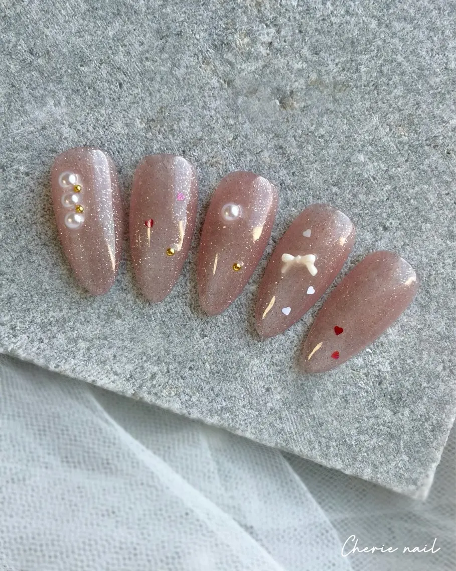 ネイル ジェルネイル マグネットネイル ピンク リボン ハンドネイル Cherienail yunaのネイルデザイン
