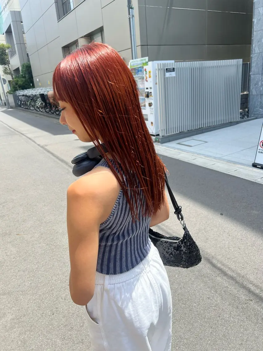 ミディアム カラー ボルドーカラー オレンジ ヘアカラー トリートメント 吉沢遣人/レイヤー 艶カラー/抜け感のヘアスタイル