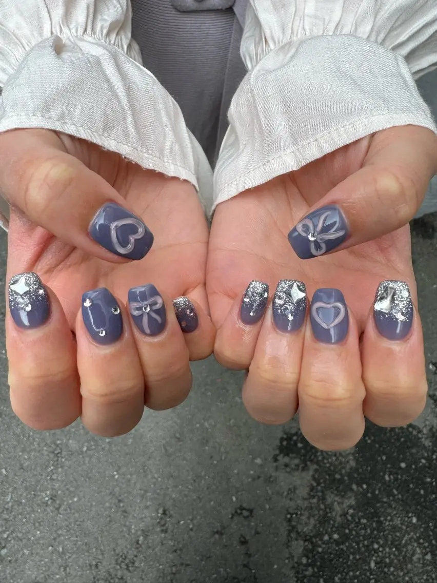 ネイル フレンチネイル ハート ロングネイル マグネットネイル ミラーネイル MH_ Nailのネイルデザイン