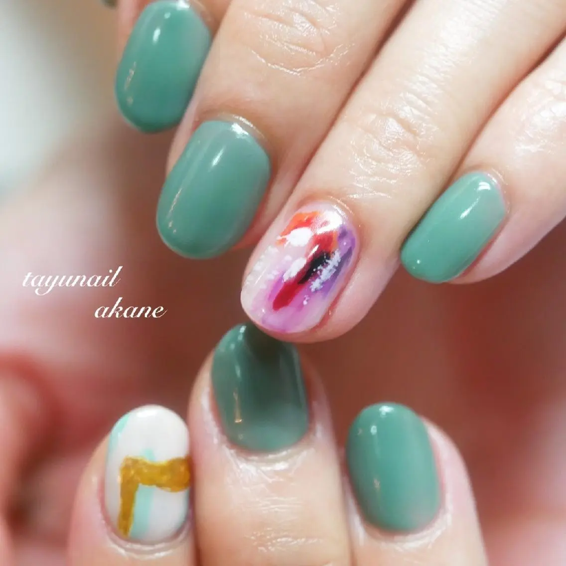 ネイル アートネイル ブルー ジェルネイル グリーン パラジェル ネイルサロン 【たゆnail】のネイルデザイン