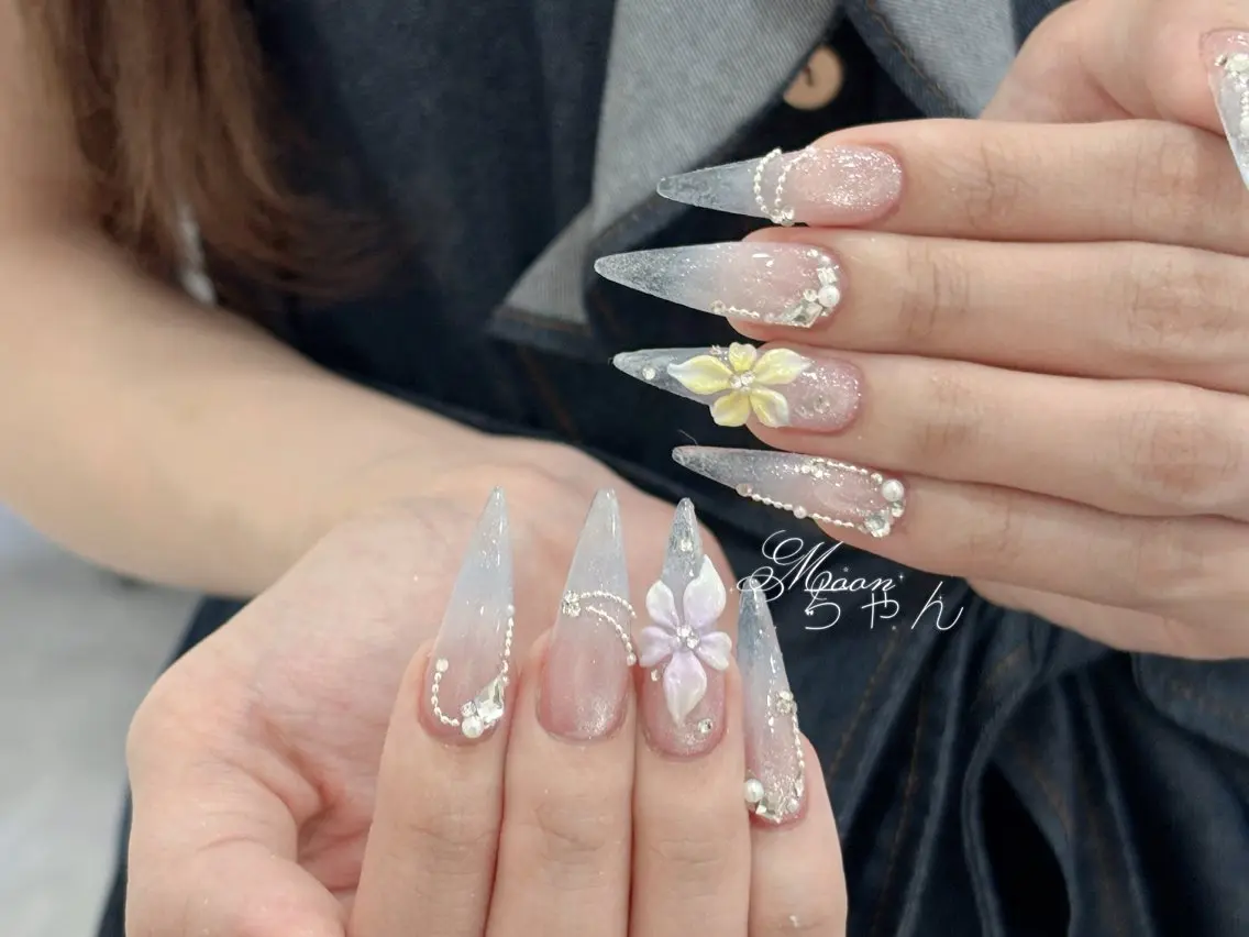 ネイル 成人式 マグネットネイル 大理石ネイル(マーブル) リボン 夏ネイル ハンドネイル MoMoA Nail ネイル長さ出し専門店のネイルデザイン