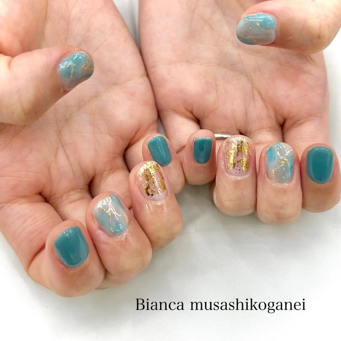 ネイル ブルー ゴールド Bianca 武蔵小金井 ほしののネイルデザイン