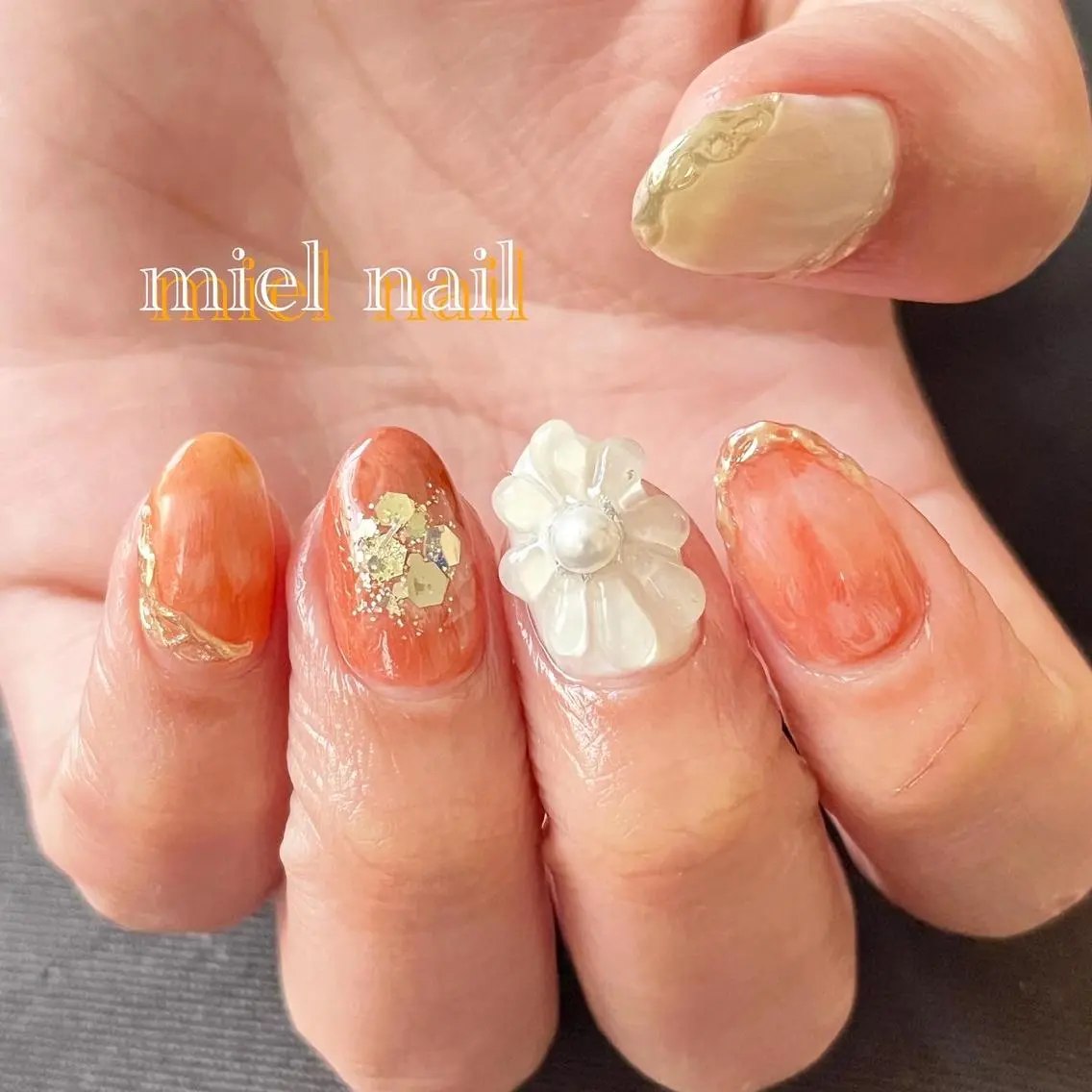 ネイル 大理石ネイル(マーブル) 持ち込み オレンジ 春ネイル ハンドネイル miel nailのネイルデザイン