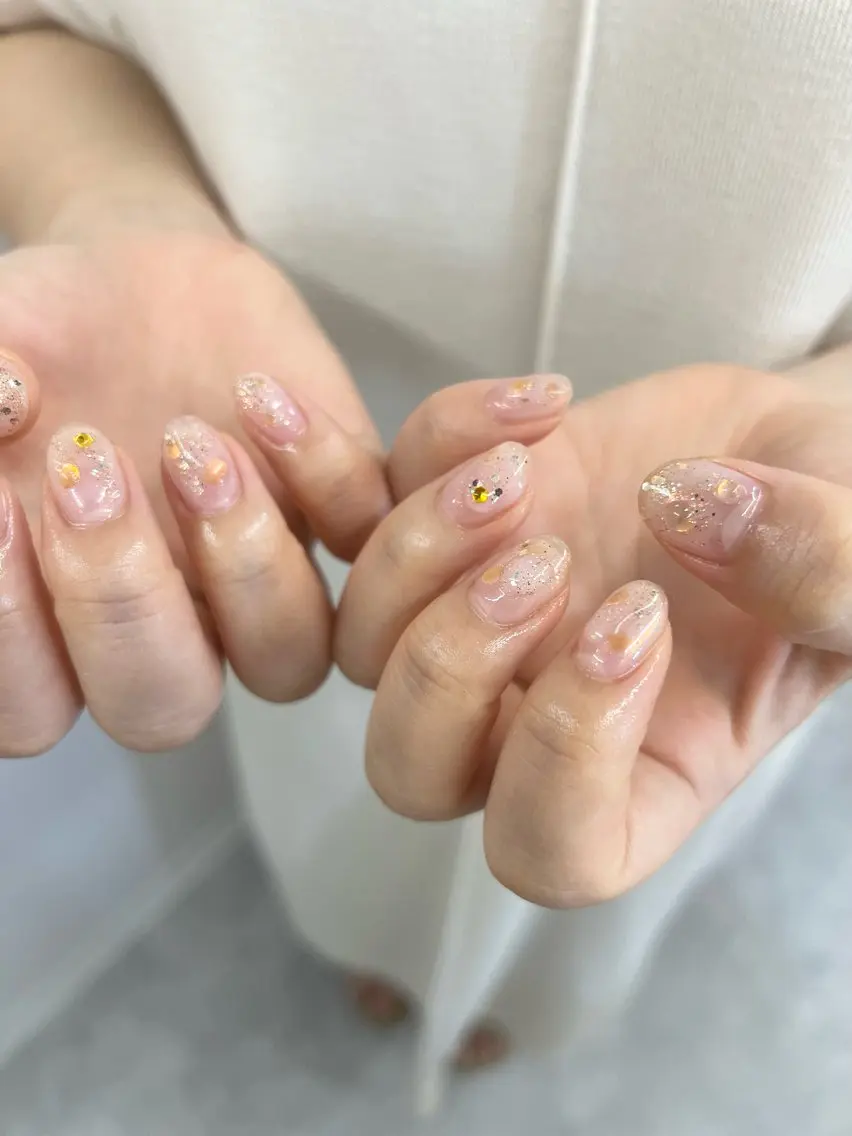 ネイル クリアネイル ジェルネイル キラキラネイル ラメ(グリッター) オレンジ Bana_ Nailのネイルデザイン