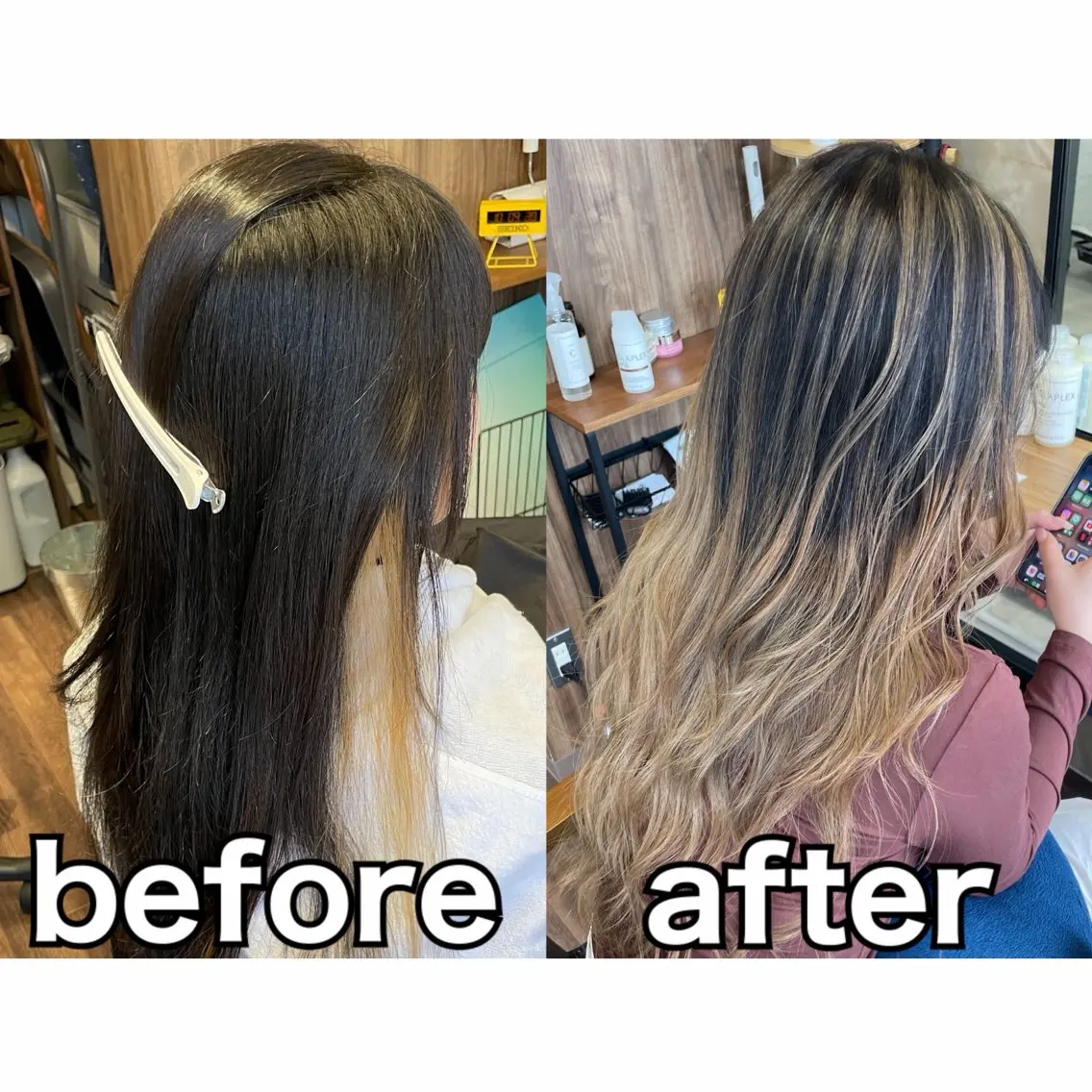 ロング カラー バレイヤージュ レイヤーカット カット ヘアカラー トリートメント Lull1人美容室 イージーパーマのヘアスタイル