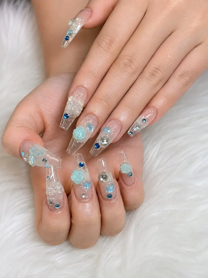 ネイル ブルー クリアネイル フラワーネイル ジェルネイル 氷ネイル・うるうるネイル ハンドネイル MEO MEO NAIL 守山のネイルデザイン