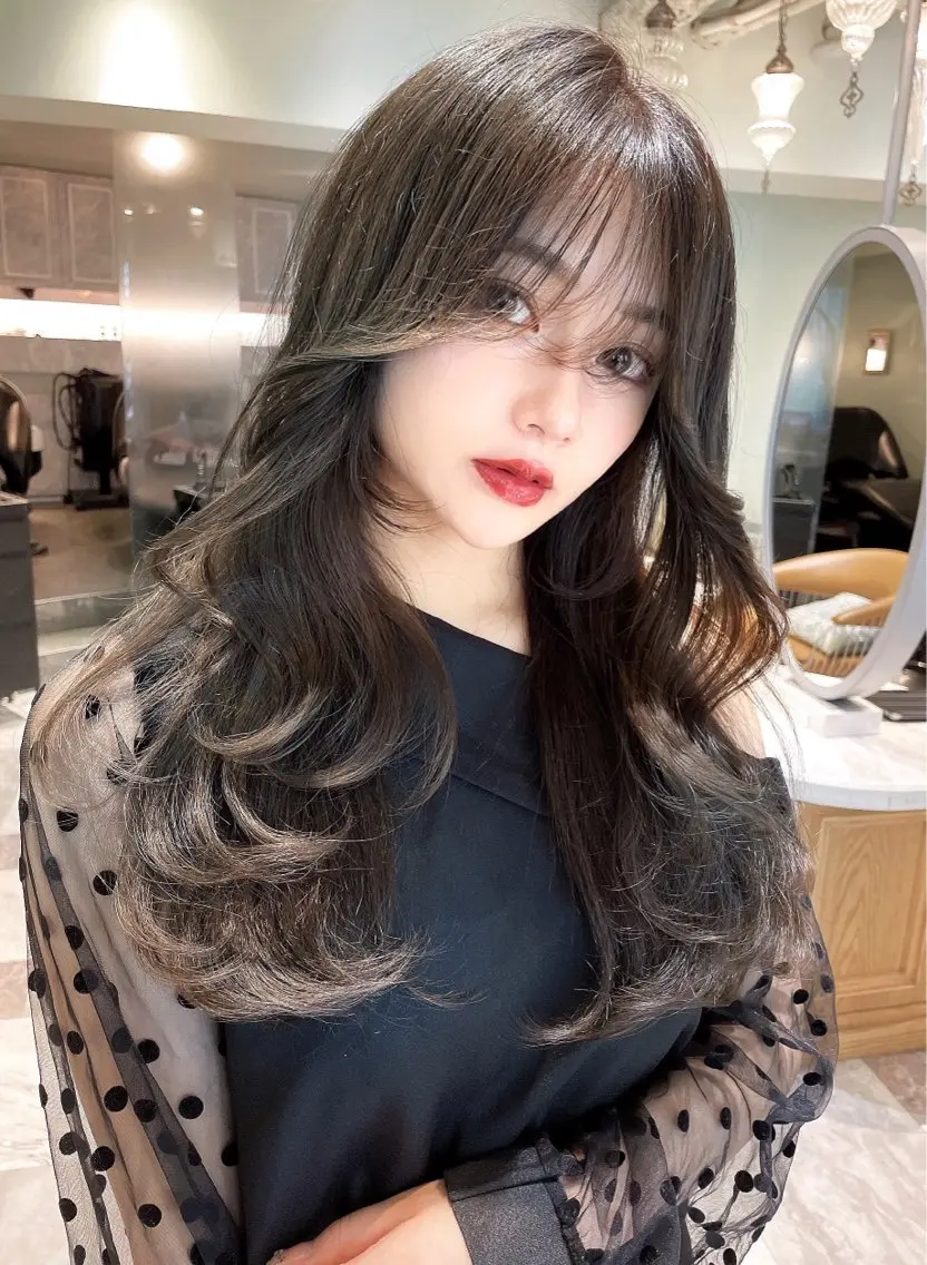 セミロング カラー ベージュカラー 黒髪 ブリーチ ブルーカラー ブルーブラック カット ヘアカラー トリートメント 木屋元一/透明感 /前髪/レイヤーのヘアスタイル