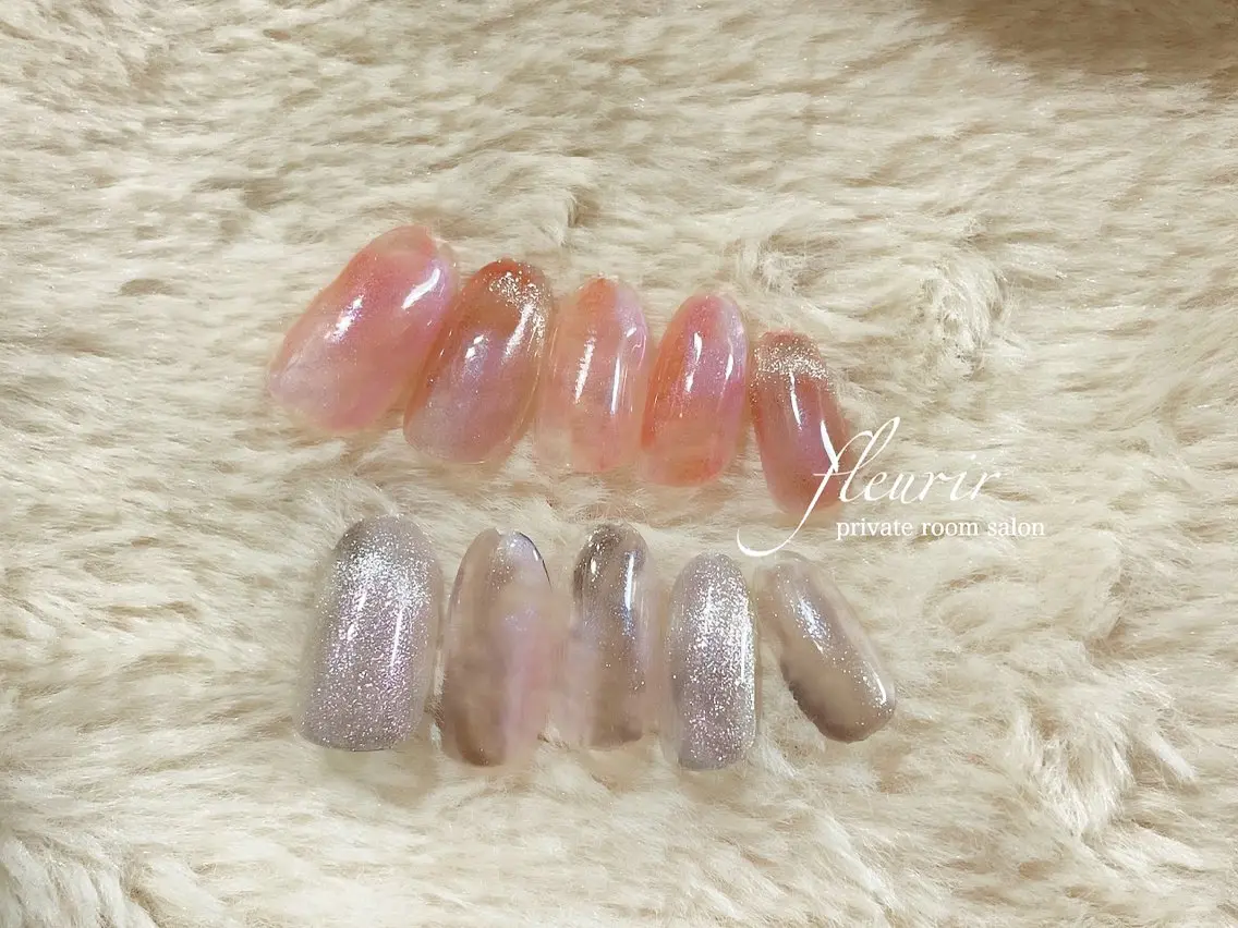 ネイル ブラウン ニュアンスネイル ピンク フルリール 【プライベートサロンのネイルデザイン