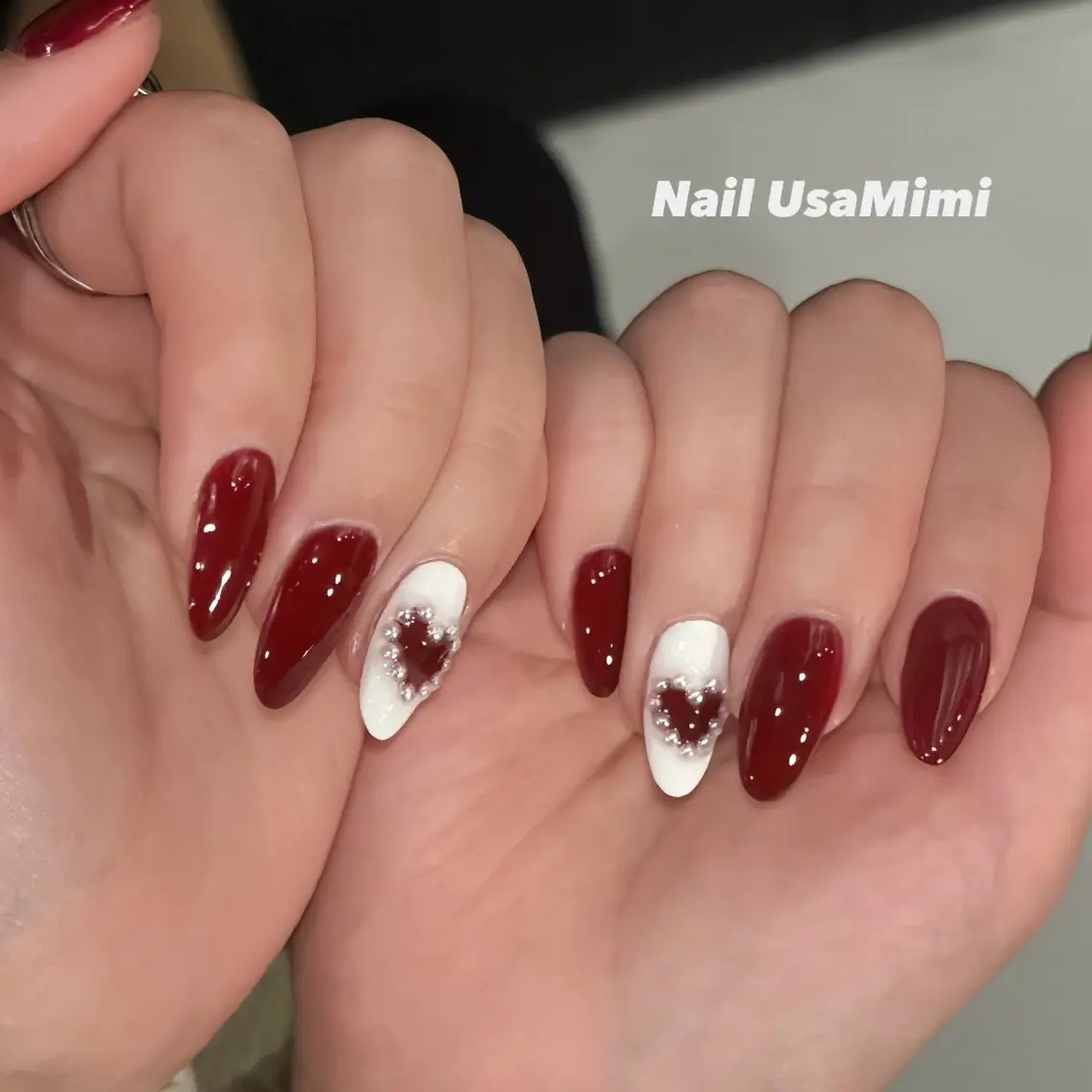 ネイル アートネイル ボルドー ハート ワンカラーネイル 赤色 本町ネイルNail UsaMimiのネイルデザイン