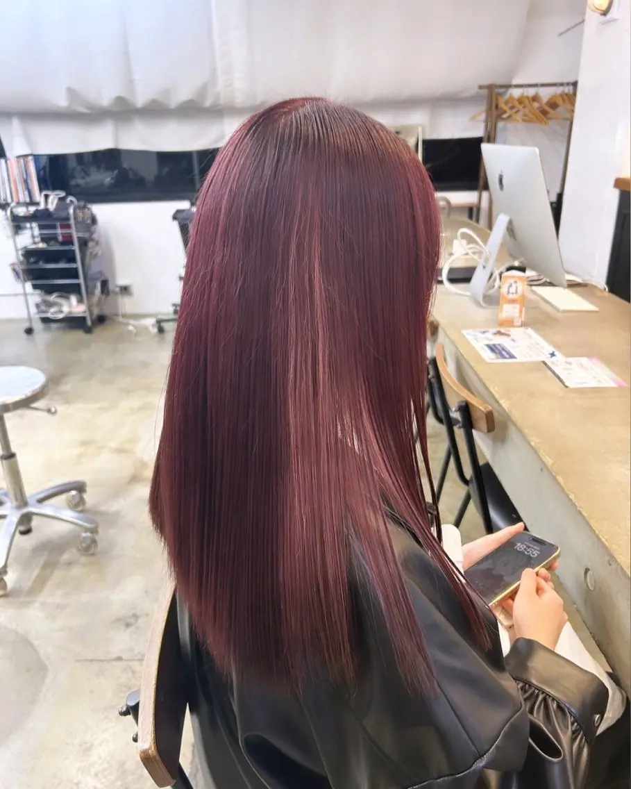 ロング カラー レッドカラー 🎀モテ暖色× エクステ🎀あかりのヘアスタイル