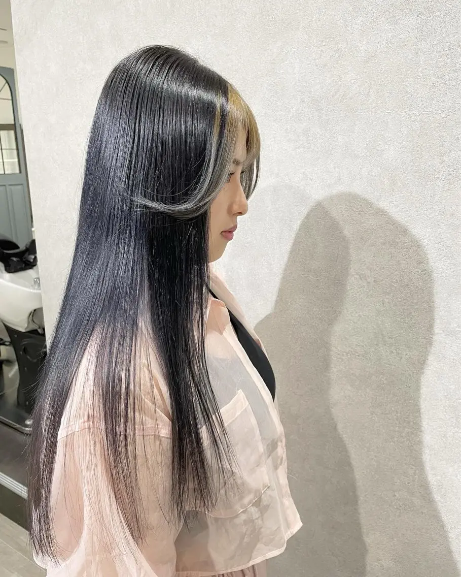 ロング カラー ヘアアレンジ メンズ ミストバング 黒髪 ブルーカラー ブルーブラック フェイスフレーミング ヘアカラー Hiro ヒロのヘアスタイル