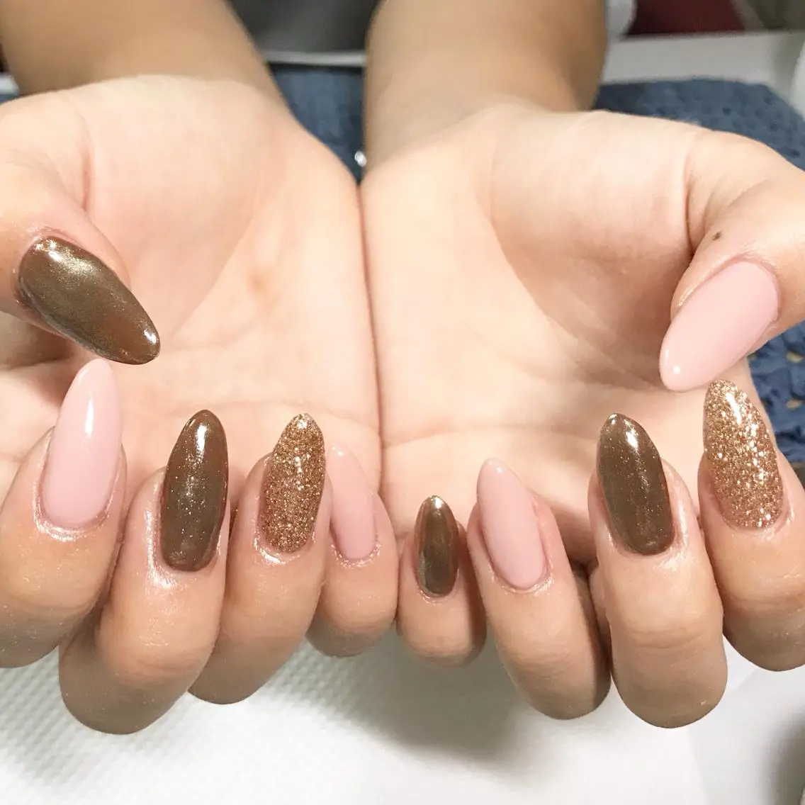 ネイル ブラウン フットネイル ラメ(グリッター) ミラーネイル ピンク nail fufla ♡yamane♡のネイルデザイン