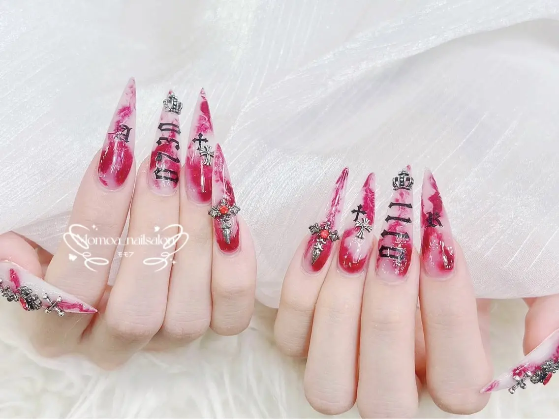 ネイル 成人式 マグネットネイル 大理石ネイル(マーブル) リボン 夏ネイル ハンドネイル MoMoA Nail ネイル長さ出し専門店のネイルデザイン