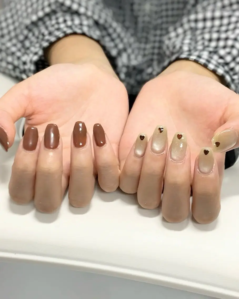 ネイル ブラウン ハート ワンカラーネイル シンプルネイル ハンドネイル Nail&Care LUMET【ルメ】のネイルデザイン